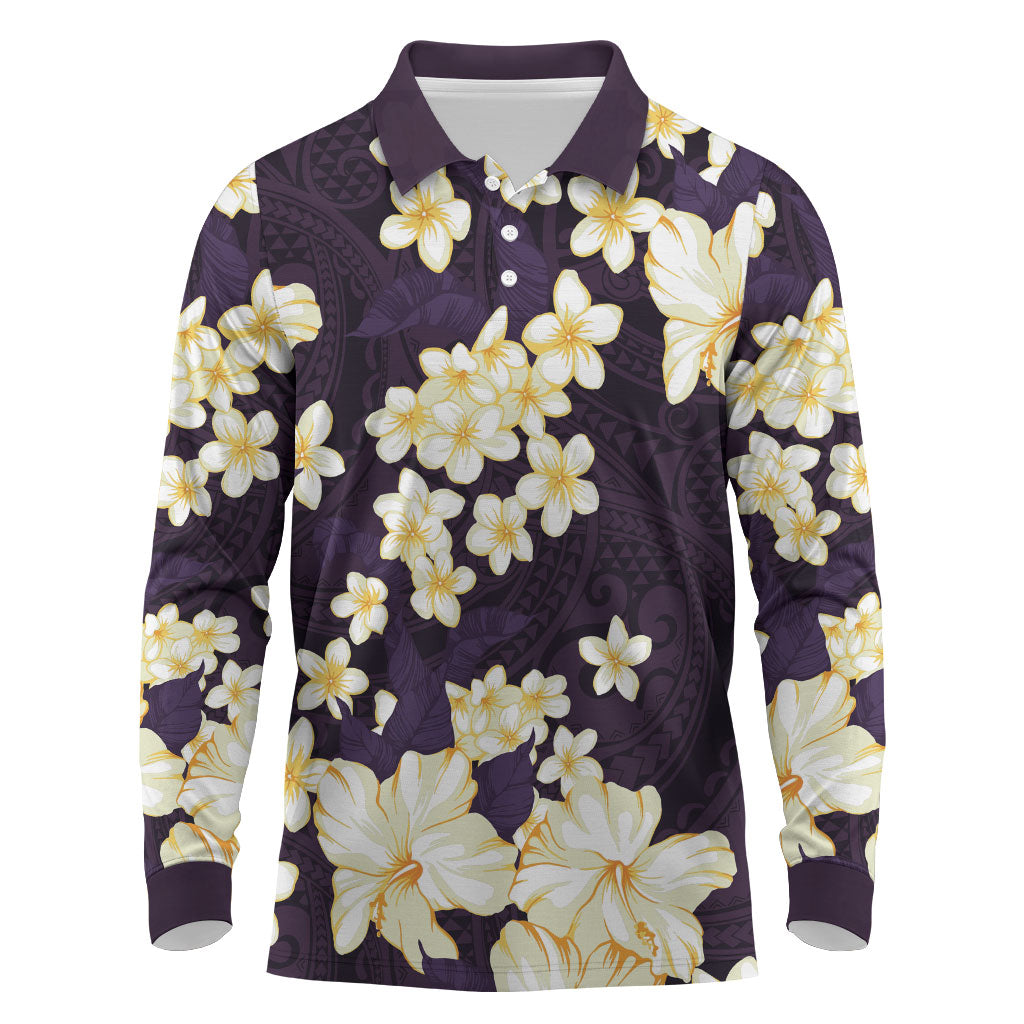 Hawaii Hibiscus Plumeria Purple Long Sleeve Polo Shirt Polynesian Pattern