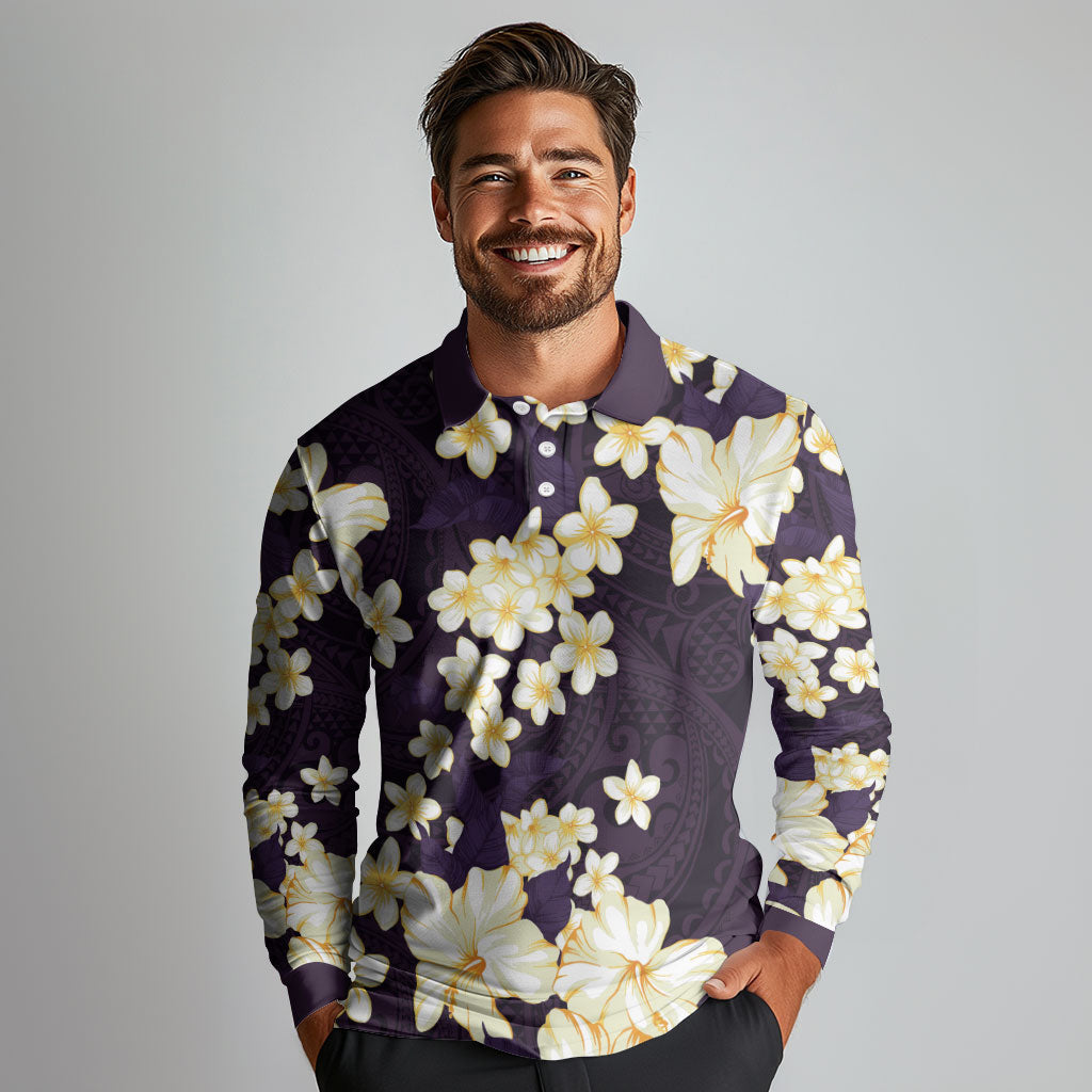 Hawaii Hibiscus Plumeria Purple Long Sleeve Polo Shirt Polynesian Pattern