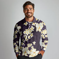 Hawaii Hibiscus Plumeria Purple Long Sleeve Polo Shirt Polynesian Pattern