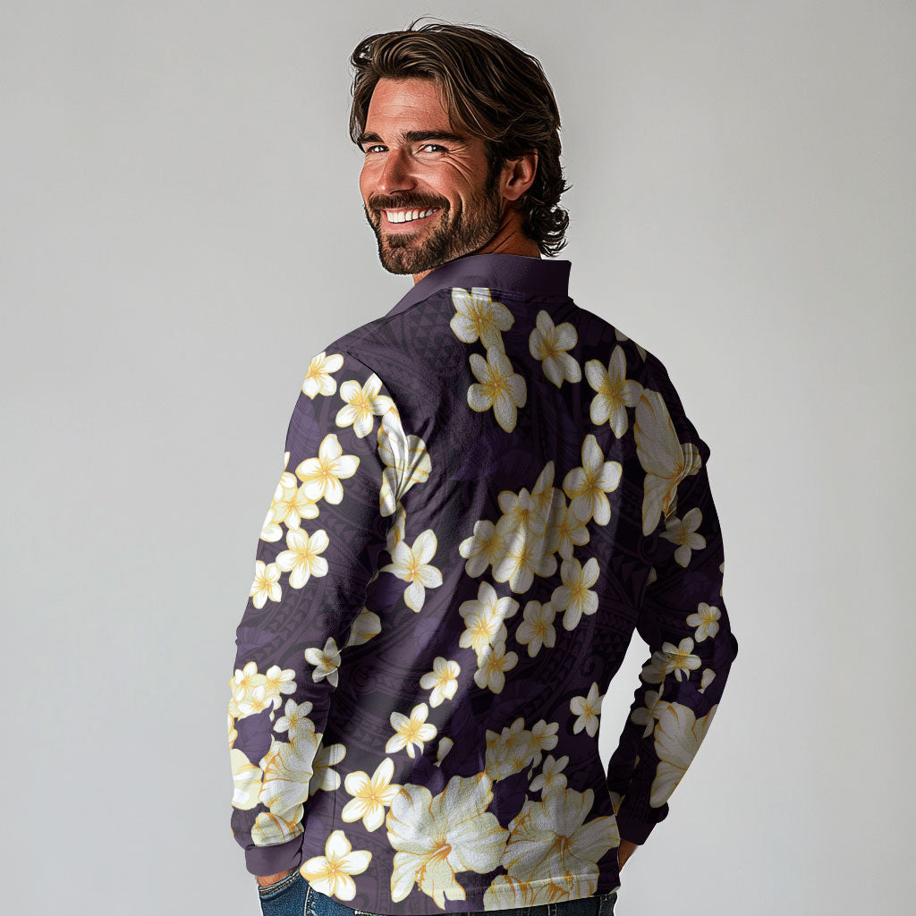 Hawaii Hibiscus Plumeria Purple Long Sleeve Polo Shirt Polynesian Pattern