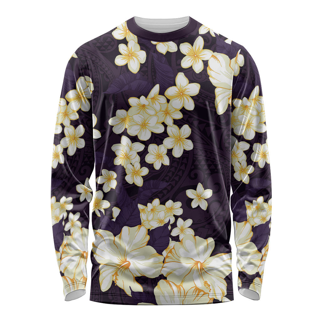 Hawaii Hibiscus Plumeria Purple Long Sleeve Shirt Polynesian Pattern