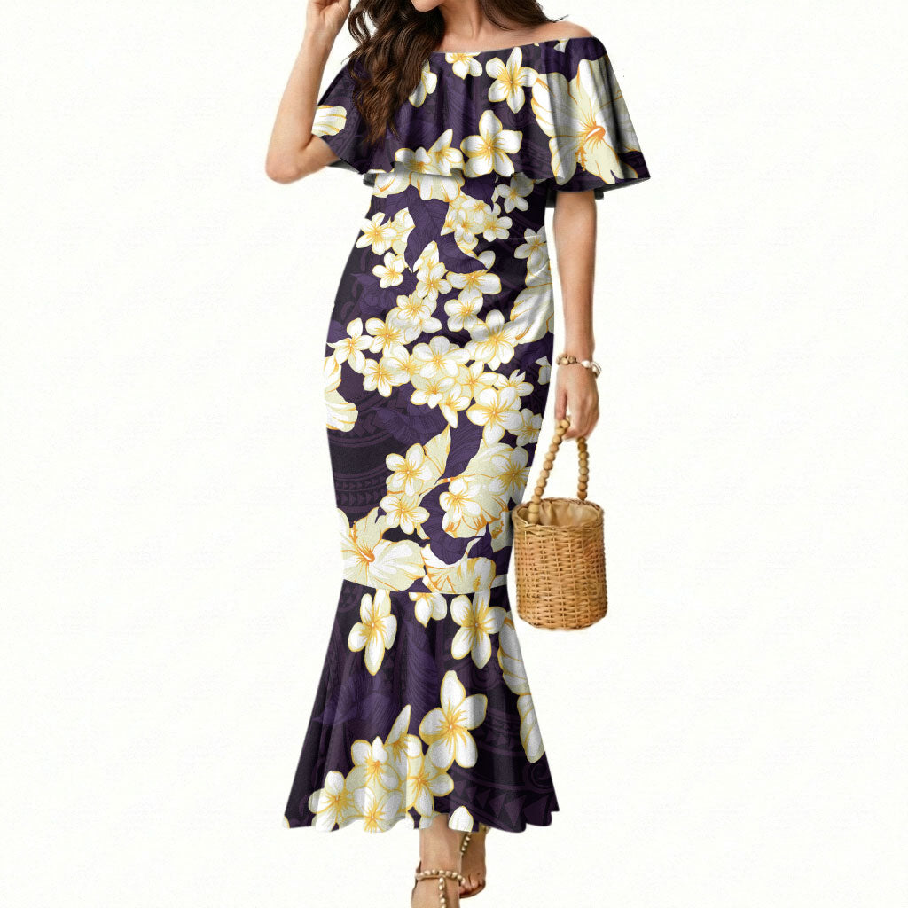 Hawaii Hibiscus Plumeria Purple Mermaid Dress Polynesian Pattern