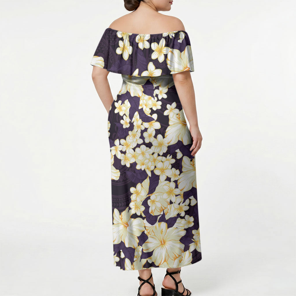 Hawaii Hibiscus Plumeria Purple Off Shoulder Maxi Dress Polynesian Pattern