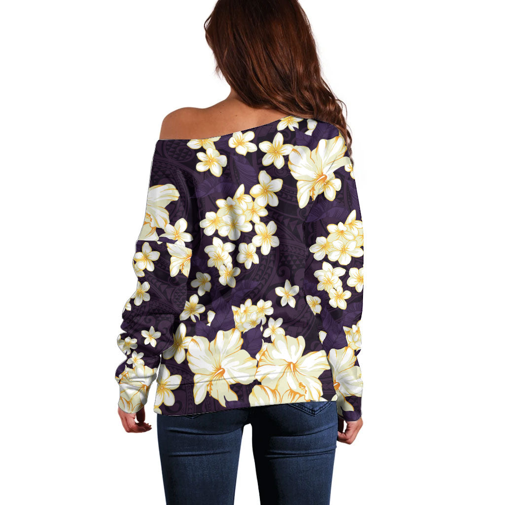 Hawaii Hibiscus Plumeria Purple Off Shoulder Sweater Polynesian Pattern