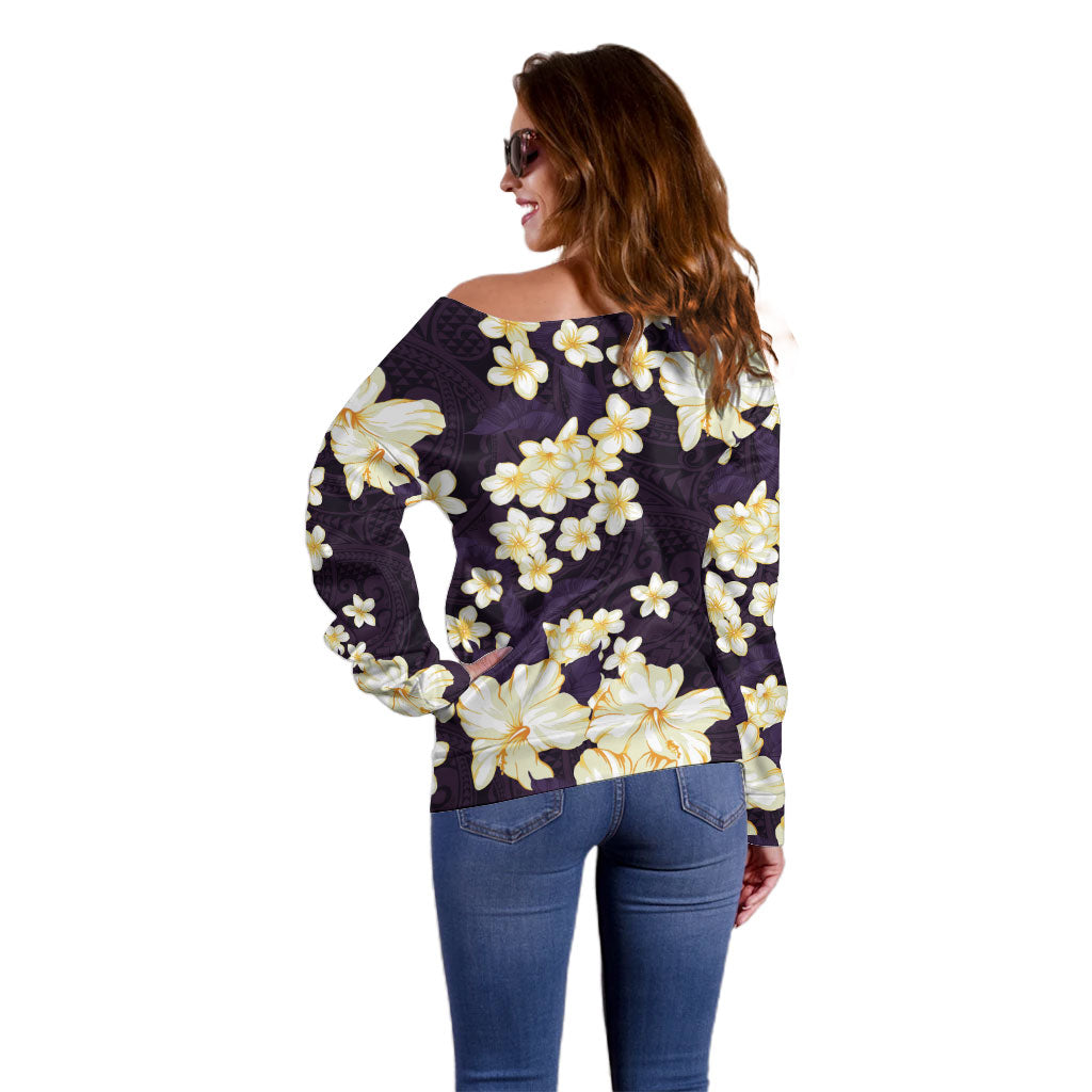 Hawaii Hibiscus Plumeria Purple Off Shoulder Sweater Polynesian Pattern