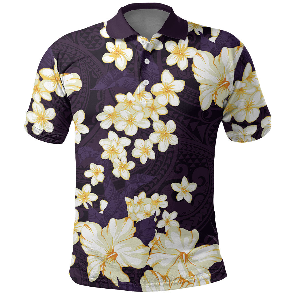 Hawaii Hibiscus Plumeria Purple Polo Shirt Polynesian Pattern