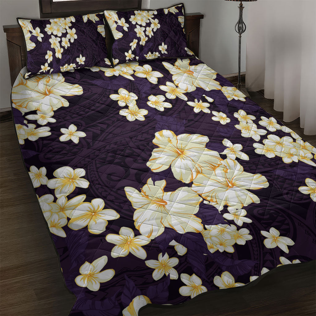 Hawaii Hibiscus Plumeria Purple Quilt Bed Set Polynesian Pattern