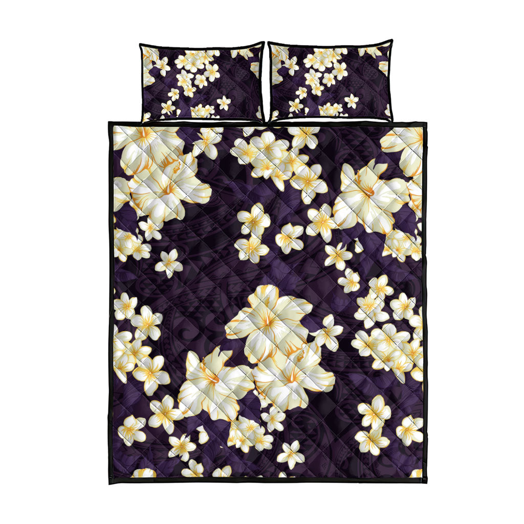 Hawaii Hibiscus Plumeria Purple Quilt Bed Set Polynesian Pattern