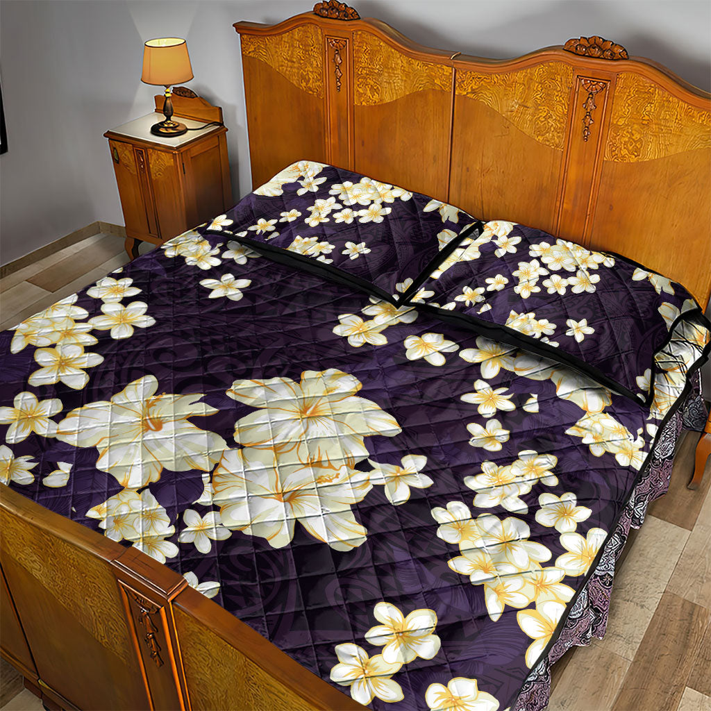 Hawaii Hibiscus Plumeria Purple Quilt Bed Set Polynesian Pattern