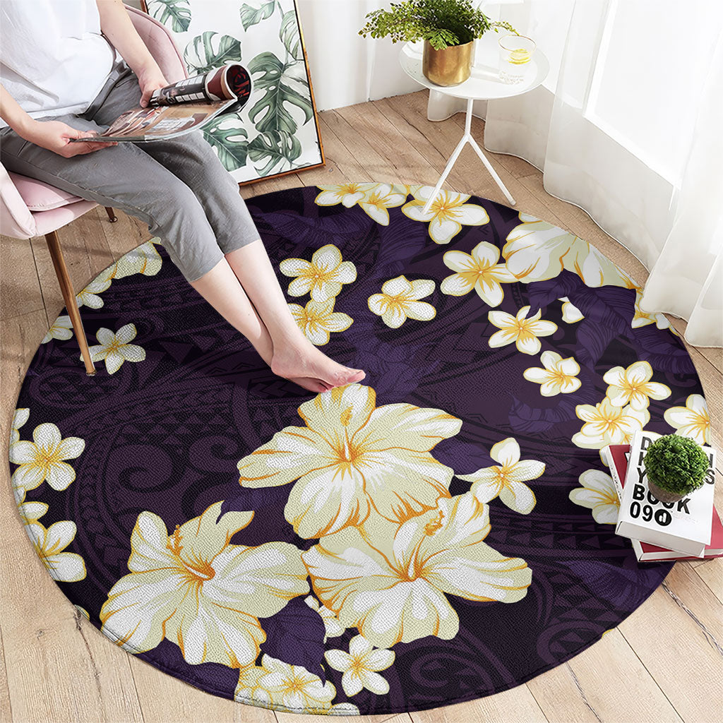Hawaii Hibiscus Plumeria Purple Round Carpet Polynesian Pattern