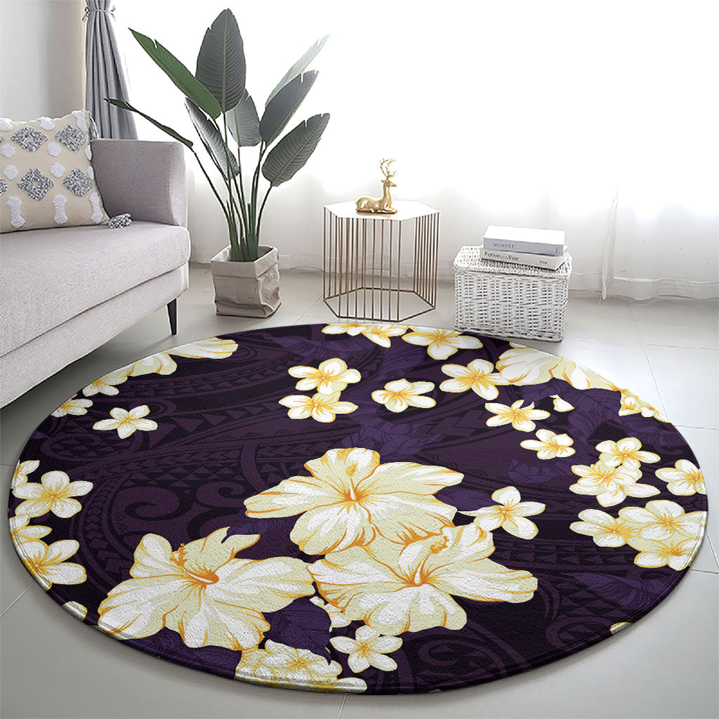 Hawaii Hibiscus Plumeria Purple Round Carpet Polynesian Pattern