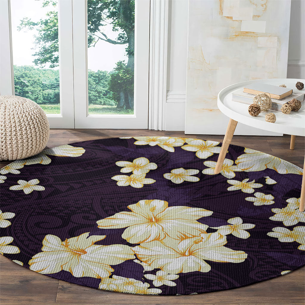 Hawaii Hibiscus Plumeria Purple Round Carpet Polynesian Pattern