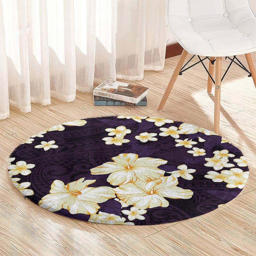 Hawaii Hibiscus Plumeria Purple Round Carpet Polynesian Pattern