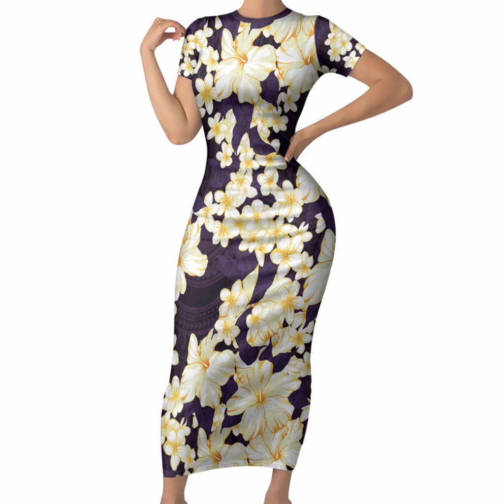 Hawaii Hibiscus Plumeria Purple Short Sleeve Bodycon Dress Polynesian Pattern