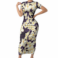 Hawaii Hibiscus Plumeria Purple Short Sleeve Bodycon Dress Polynesian Pattern