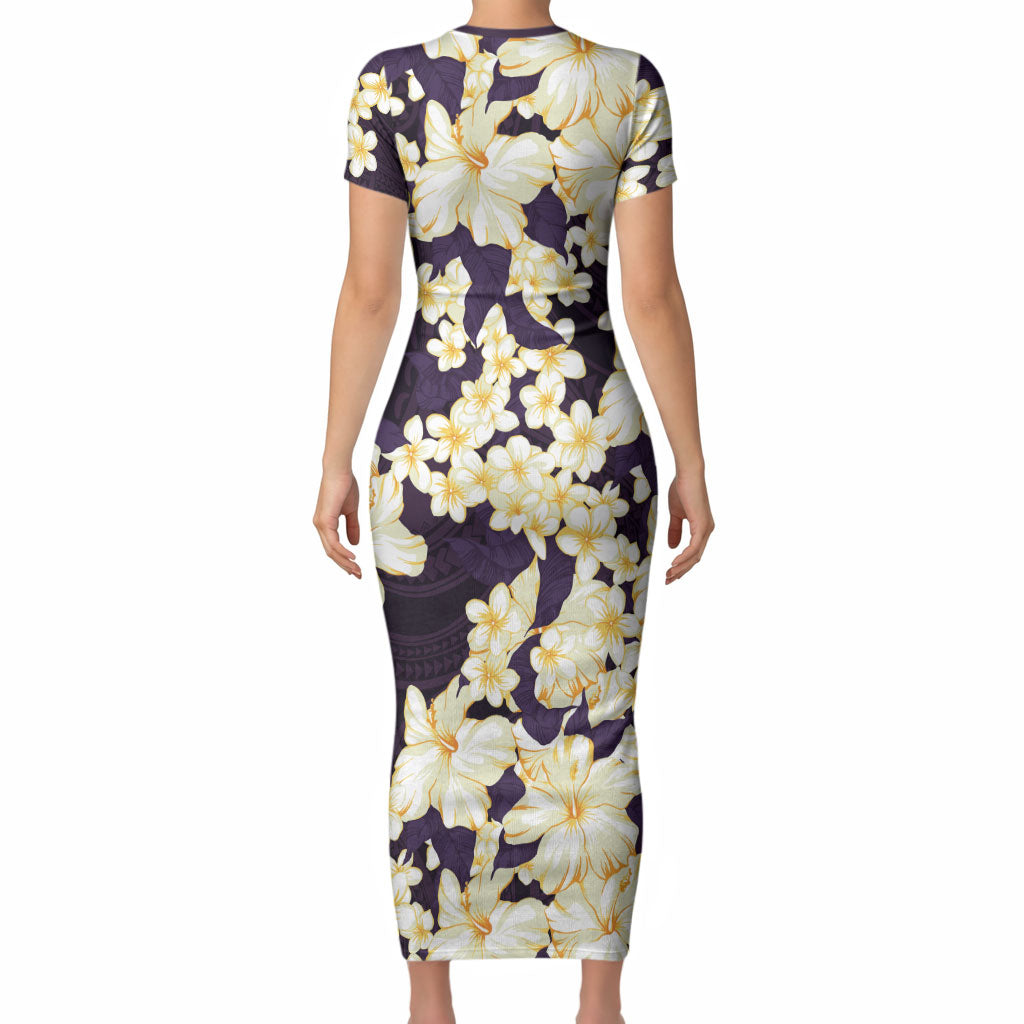 Hawaii Hibiscus Plumeria Purple Short Sleeve Bodycon Dress Polynesian Pattern