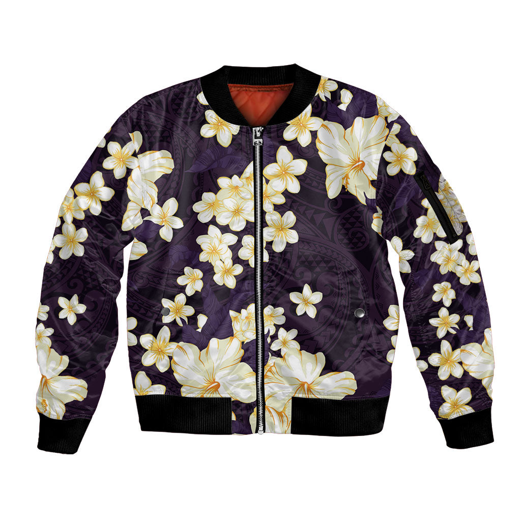Hawaii Hibiscus Plumeria Purple Sleeve Zip Bomber Jacket Polynesian Pattern LT01 Unisex Purple - Polynesian Pride