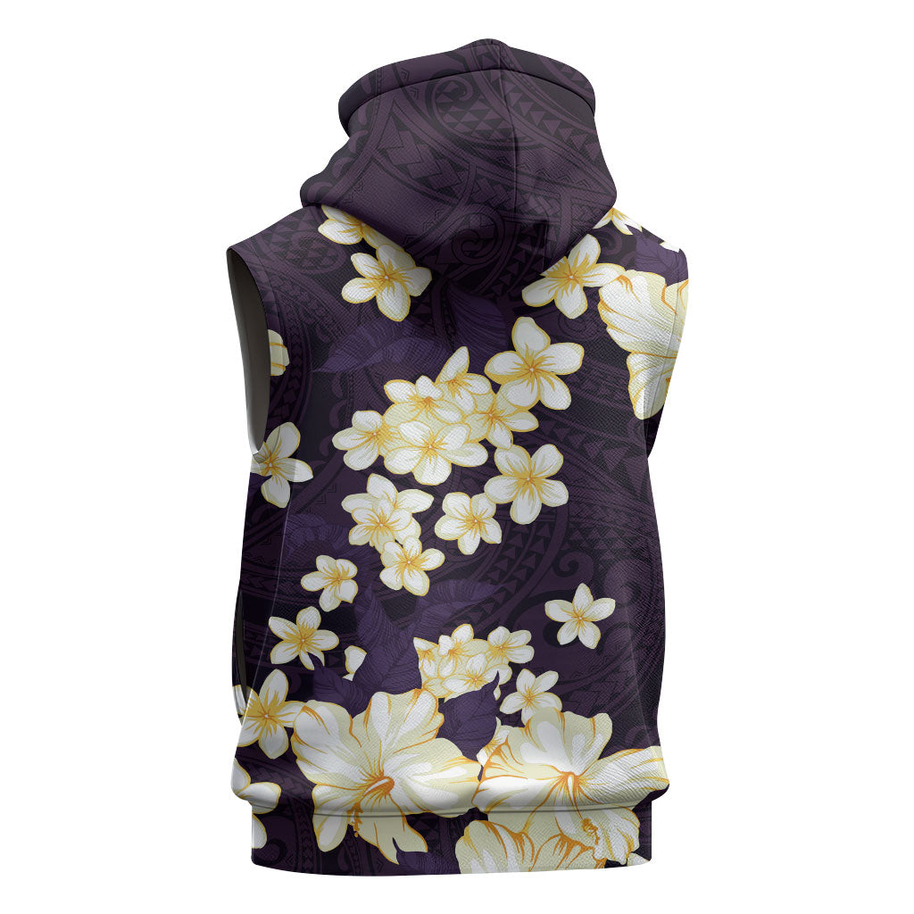 Hawaii Hibiscus Plumeria Purple Sleeveless Hoodie Polynesian Pattern