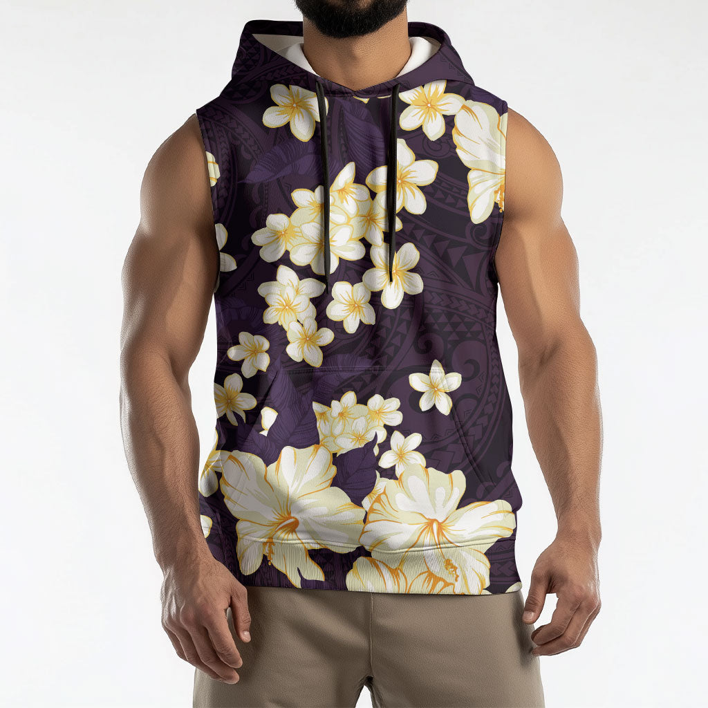 Hawaii Hibiscus Plumeria Purple Sleeveless Hoodie Polynesian Pattern