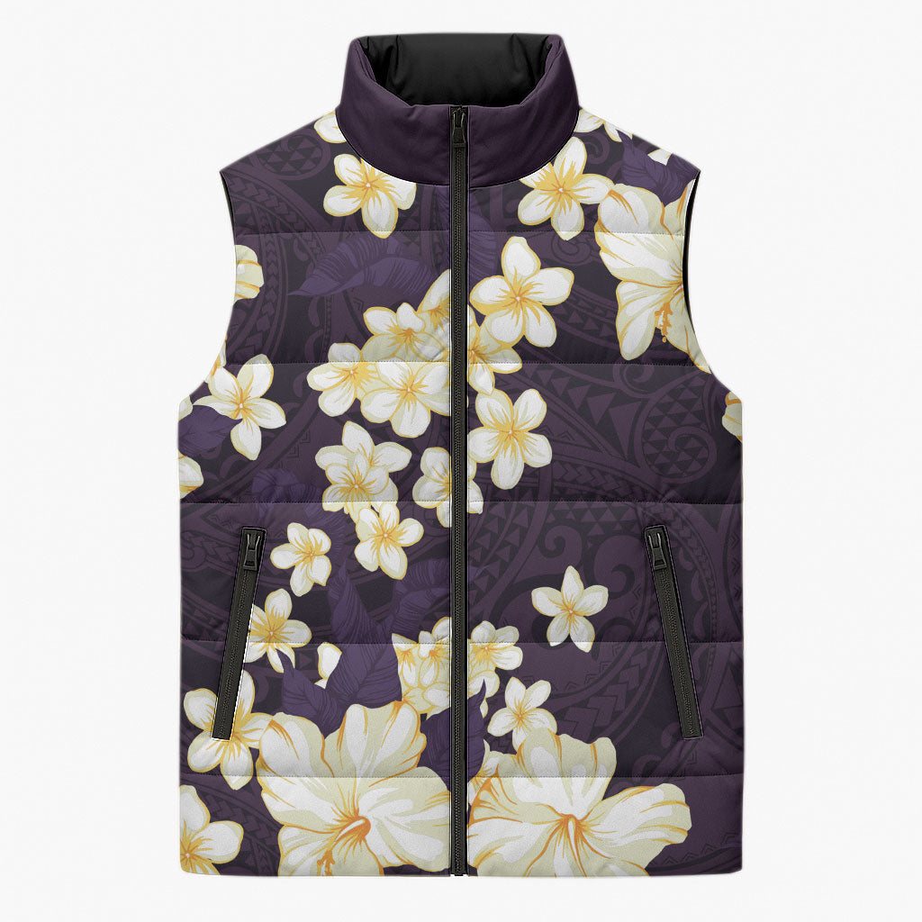 Hawaii Hibiscus Plumeria Purple Sleeveless Puffer Jacket Polynesian Pattern