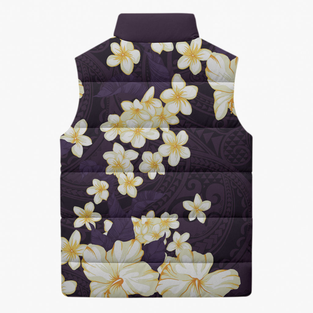 Hawaii Hibiscus Plumeria Purple Sleeveless Puffer Jacket Polynesian Pattern