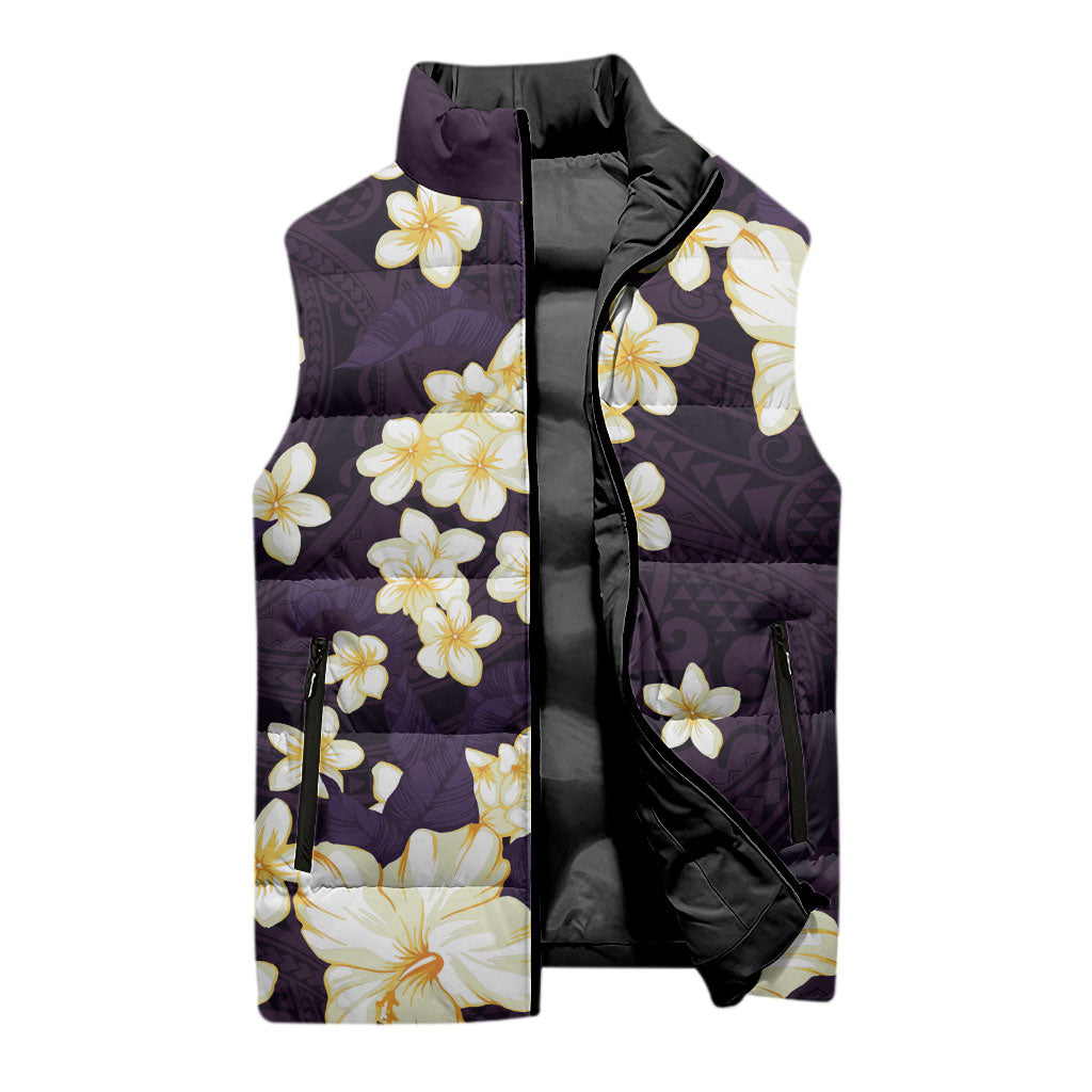 Hawaii Hibiscus Plumeria Purple Sleeveless Puffer Jacket Polynesian Pattern