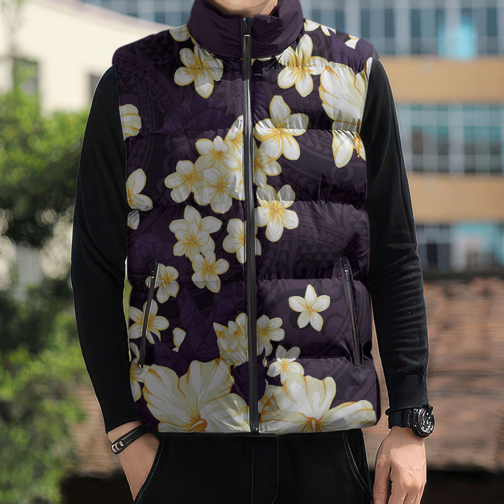 Hawaii Hibiscus Plumeria Purple Sleeveless Puffer Jacket Polynesian Pattern