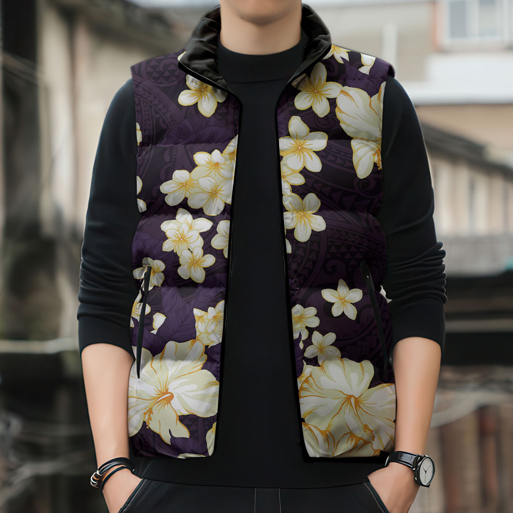 Hawaii Hibiscus Plumeria Purple Sleeveless Puffer Jacket Polynesian Pattern