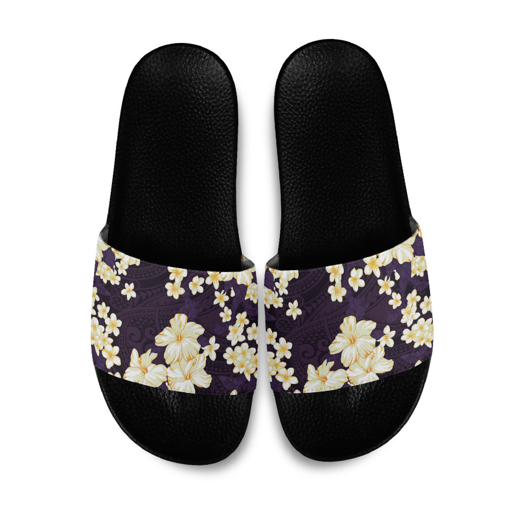 Hawaii Hibiscus Plumeria Purple Slide Sandals Polynesian Pattern