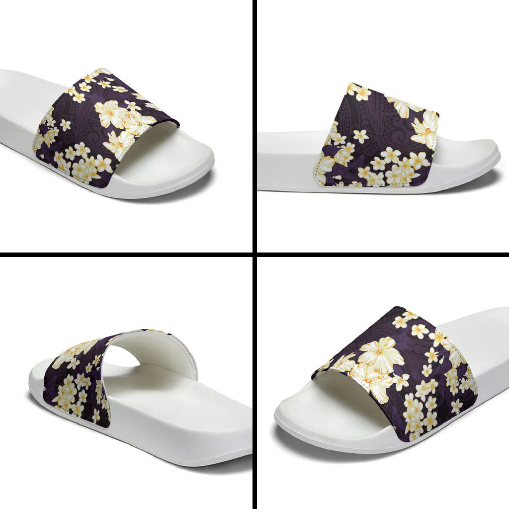 Hawaii Hibiscus Plumeria Purple Slide Sandals Polynesian Pattern