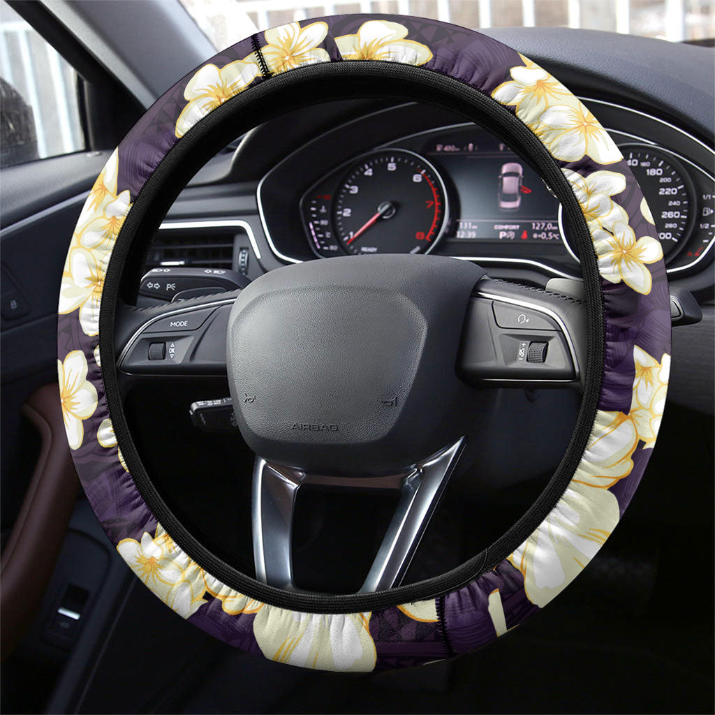 Hawaii Hibiscus Plumeria Purple Steering Wheel Cover Polynesian Pattern