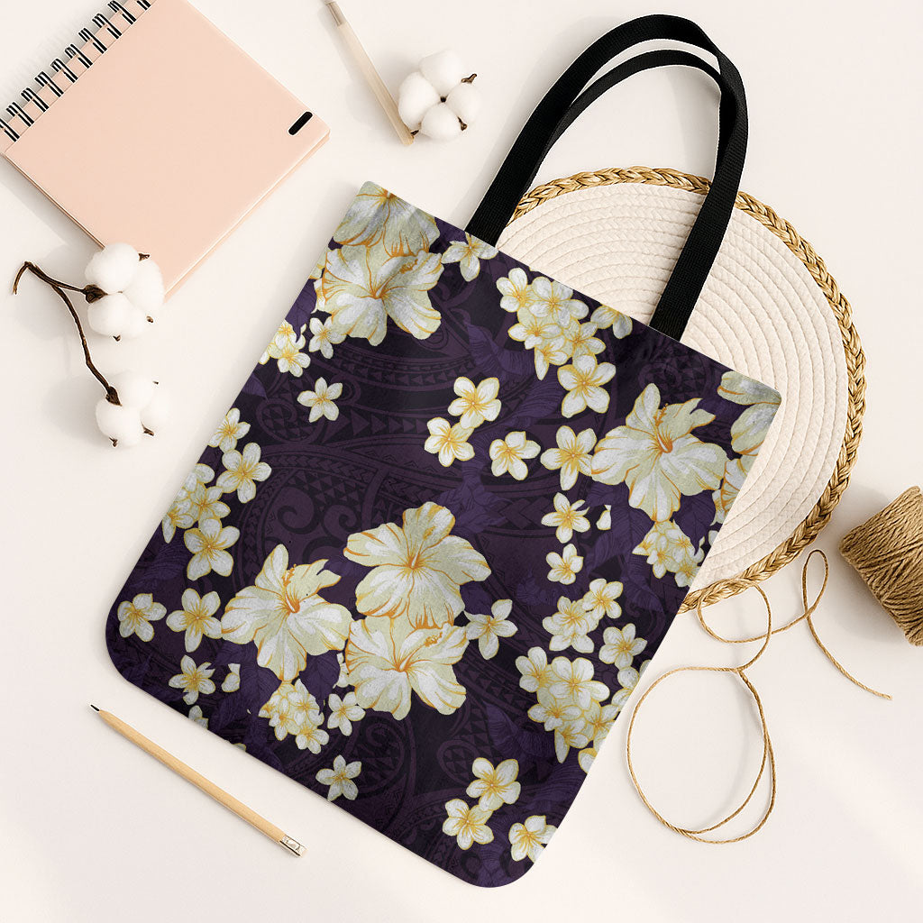 Hawaii Hibiscus Plumeria Purple Tote Bag Polynesian Pattern