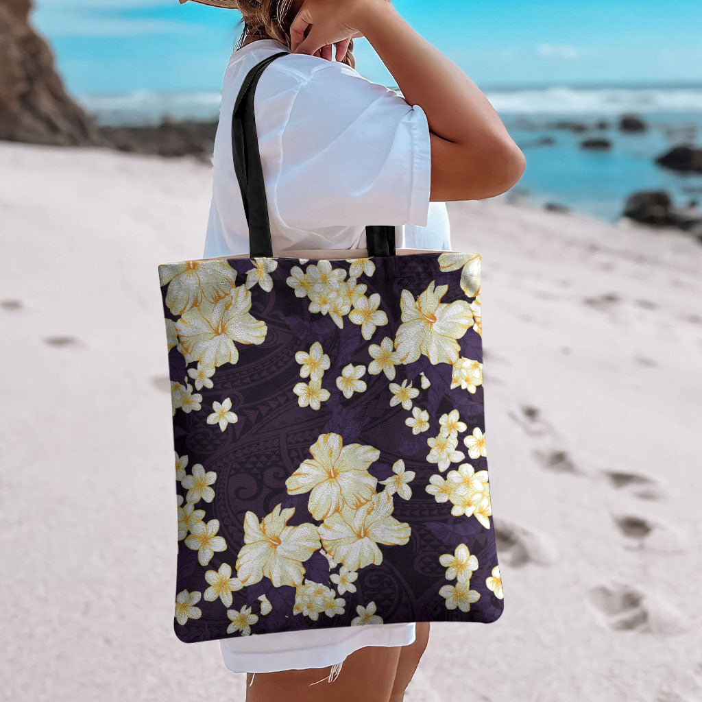 Hawaii Hibiscus Plumeria Purple Tote Bag Polynesian Pattern