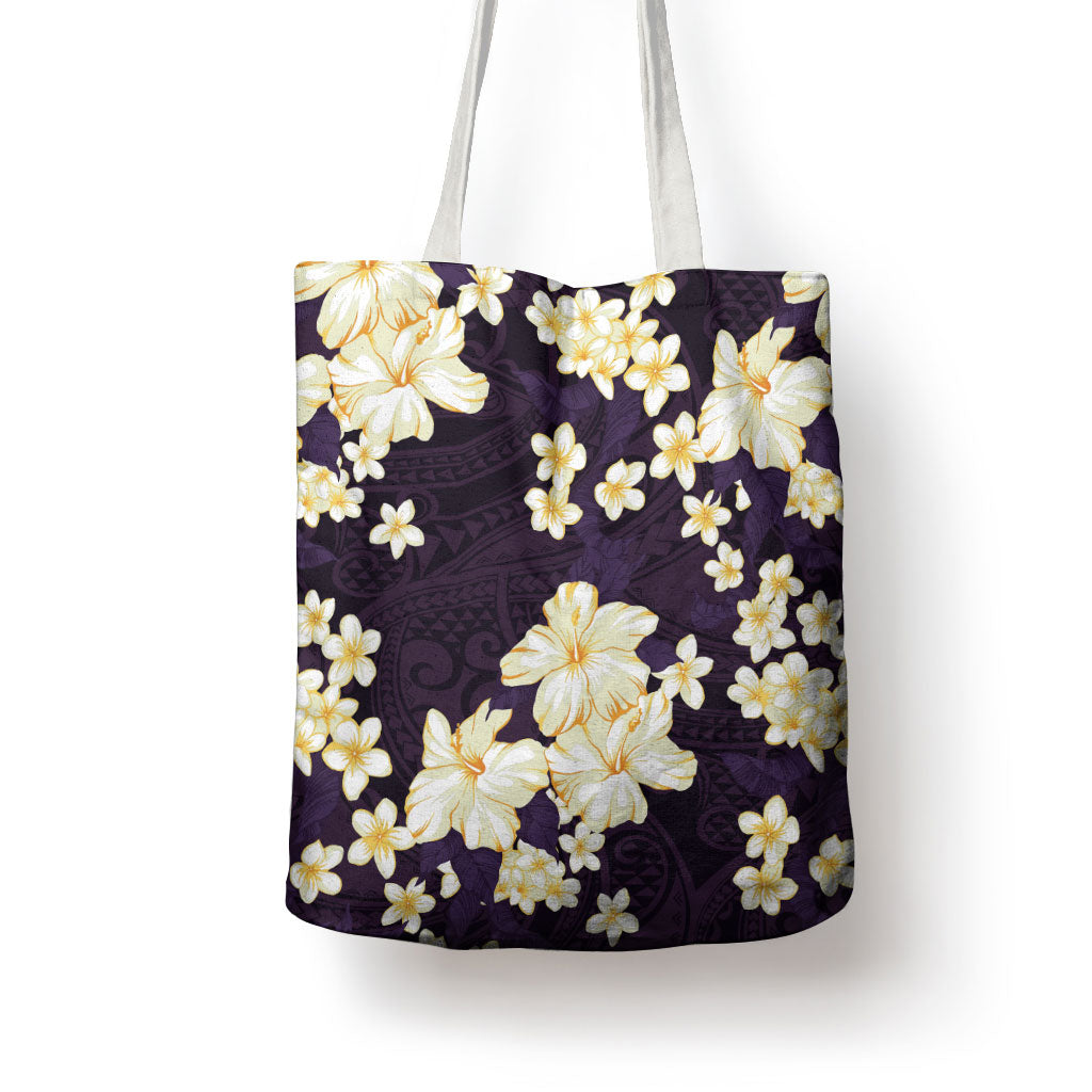 Hawaii Hibiscus Plumeria Purple Tote Bag Polynesian Pattern