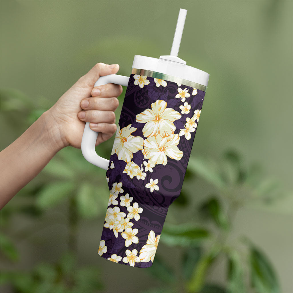 Hawaii Hibiscus Plumeria Purple Tumbler With Handle Polynesian Pattern