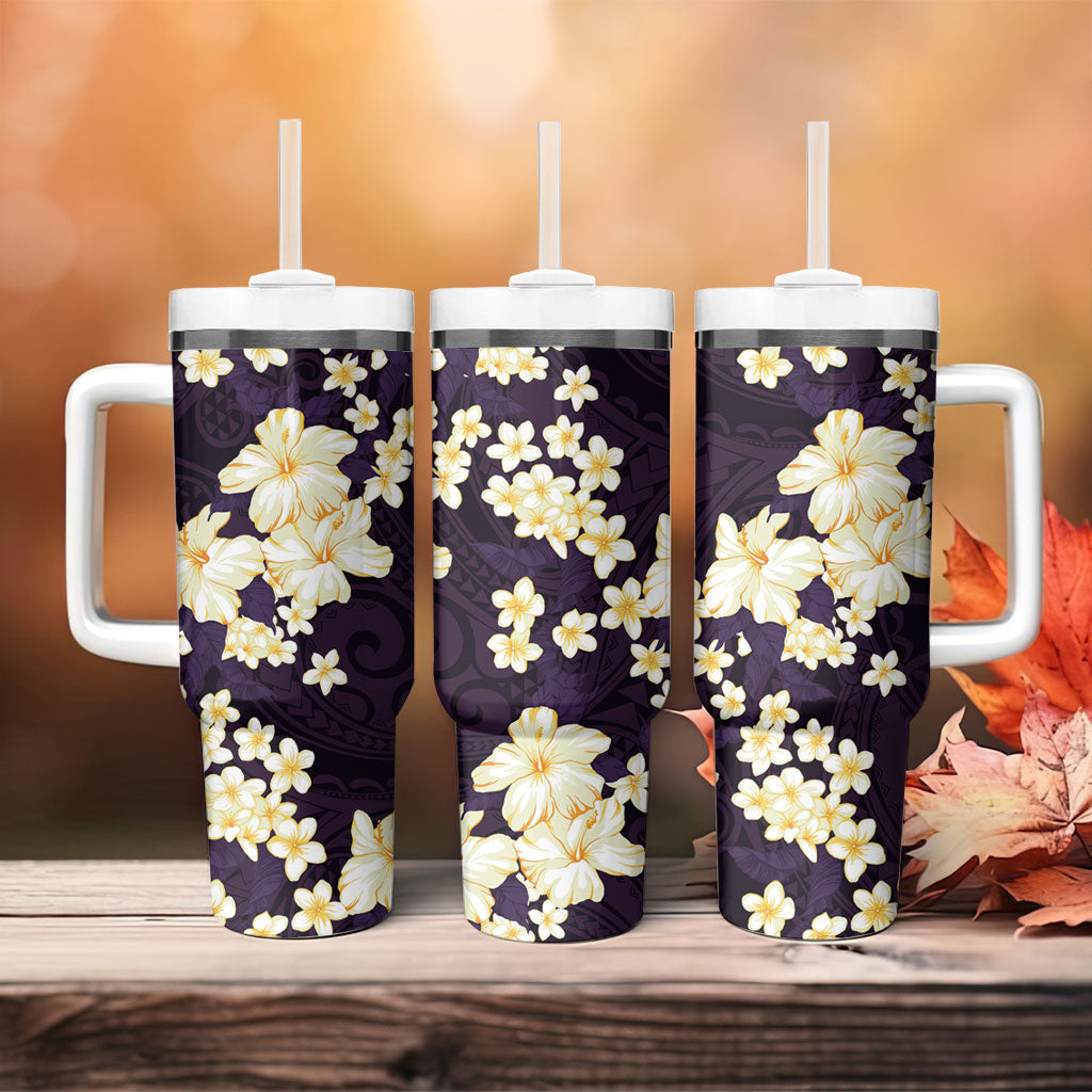 Hawaii Hibiscus Plumeria Purple Tumbler With Handle Polynesian Pattern