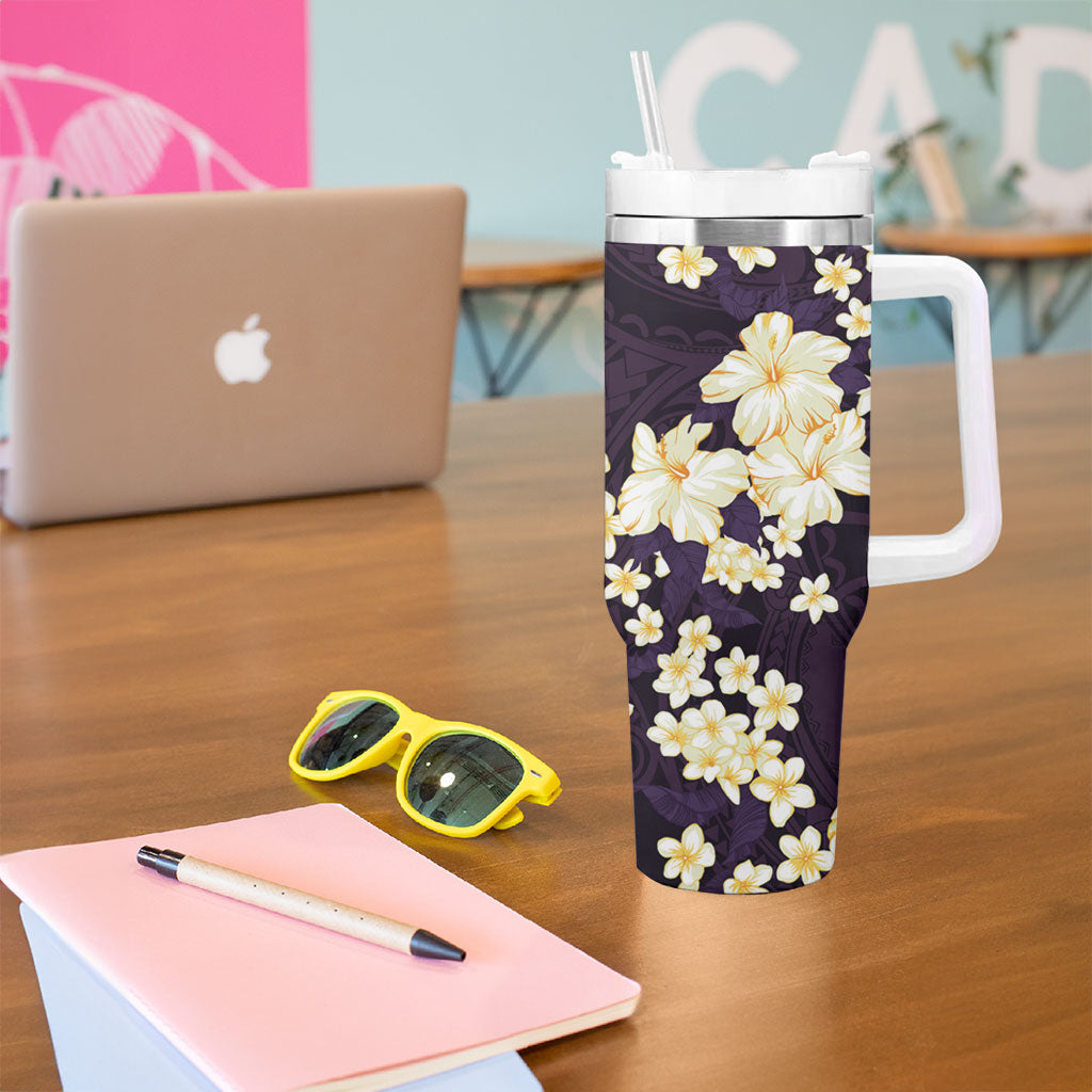 Hawaii Hibiscus Plumeria Purple Tumbler With Handle Polynesian Pattern