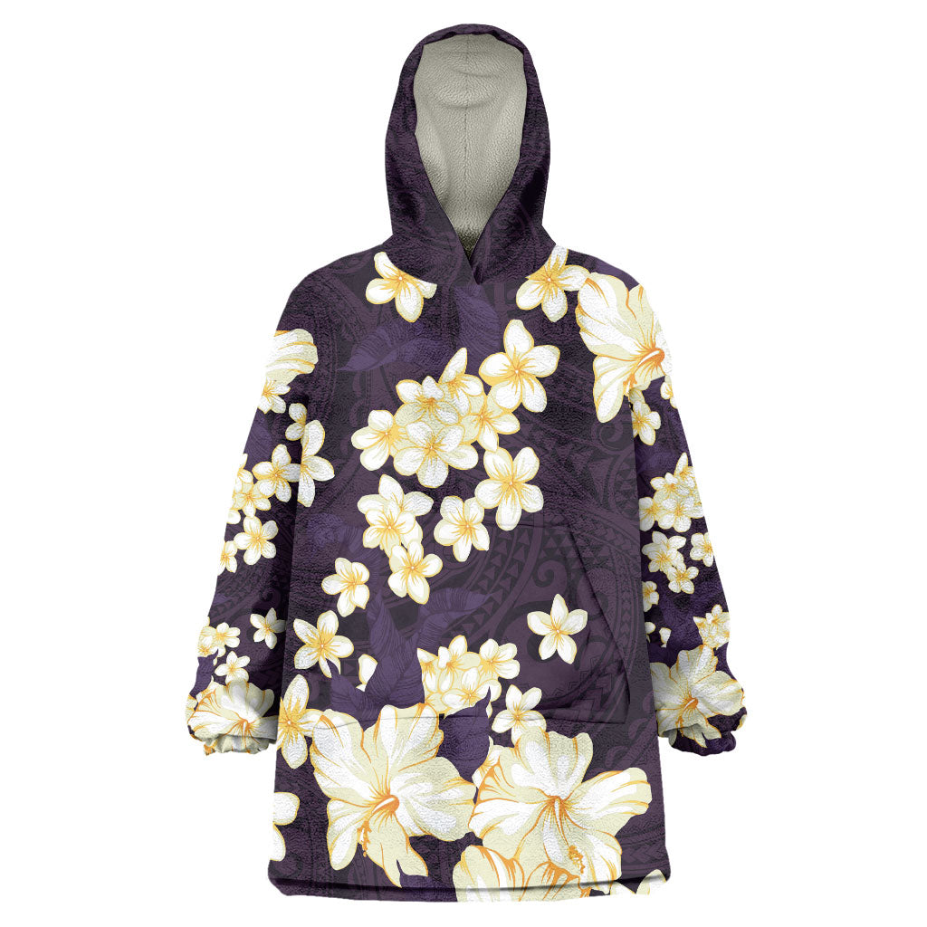 Hawaii Hibiscus Plumeria Purple Wearable Blanket Hoodie Polynesian Pattern