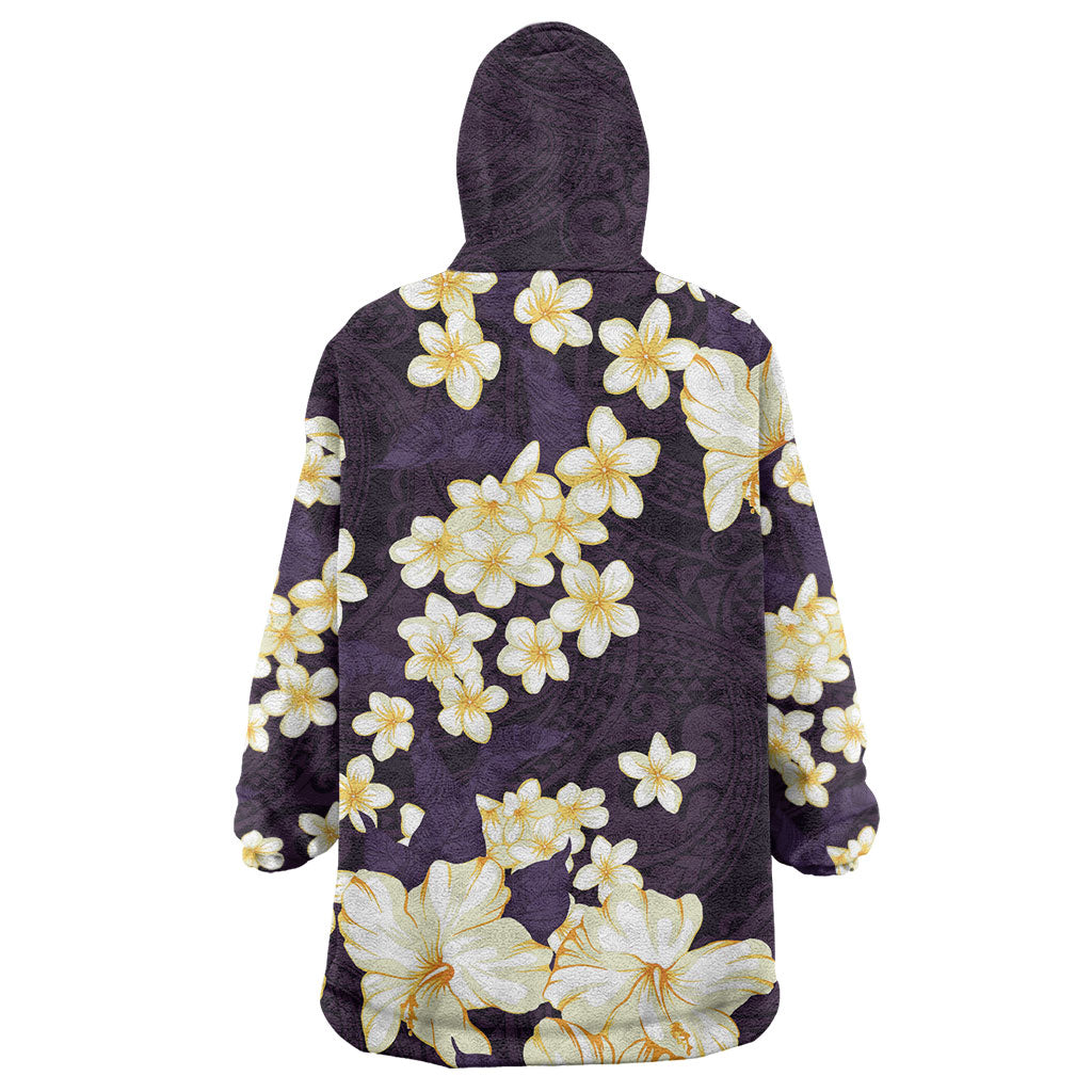 Hawaii Hibiscus Plumeria Purple Wearable Blanket Hoodie Polynesian Pattern