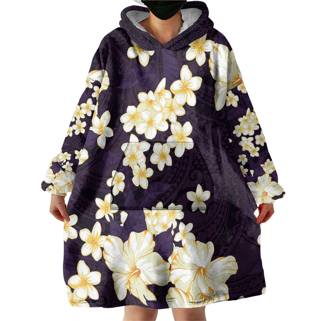 Hawaii Hibiscus Plumeria Purple Wearable Blanket Hoodie Polynesian Pattern