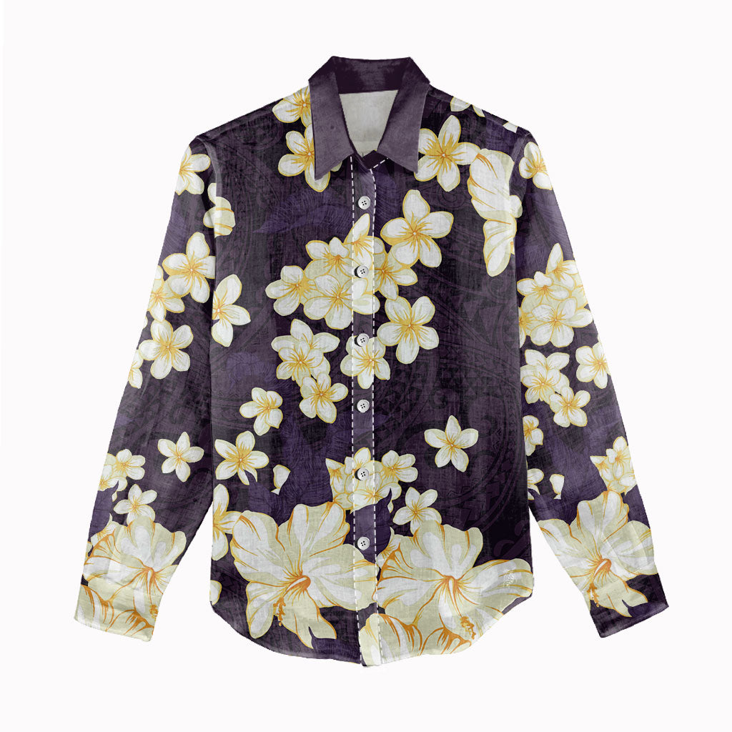 Hawaii Hibiscus Plumeria Purple Women Casual Shirt Polynesian Pattern