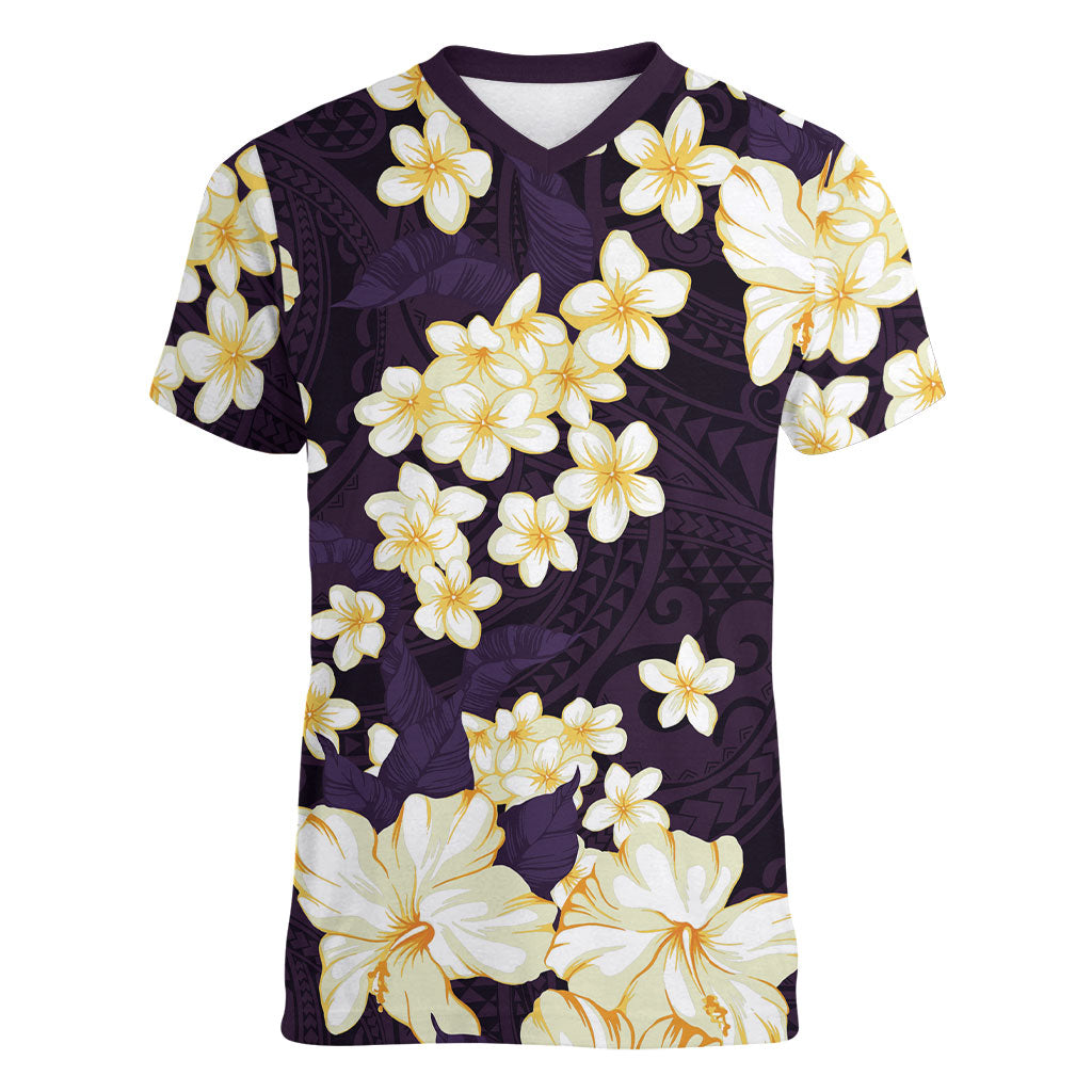 Hawaii Hibiscus Plumeria Purple Women V-Neck T-Shirt Polynesian Pattern