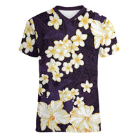 Hawaii Hibiscus Plumeria Purple Women V-Neck T-Shirt Polynesian Pattern