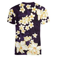Hawaii Hibiscus Plumeria Purple Women V-Neck T-Shirt Polynesian Pattern