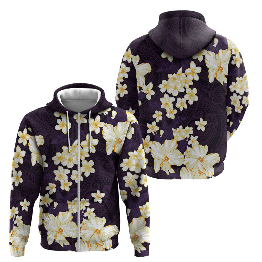 Hawaii Hibiscus Plumeria Purple Zip Hoodie Polynesian Pattern