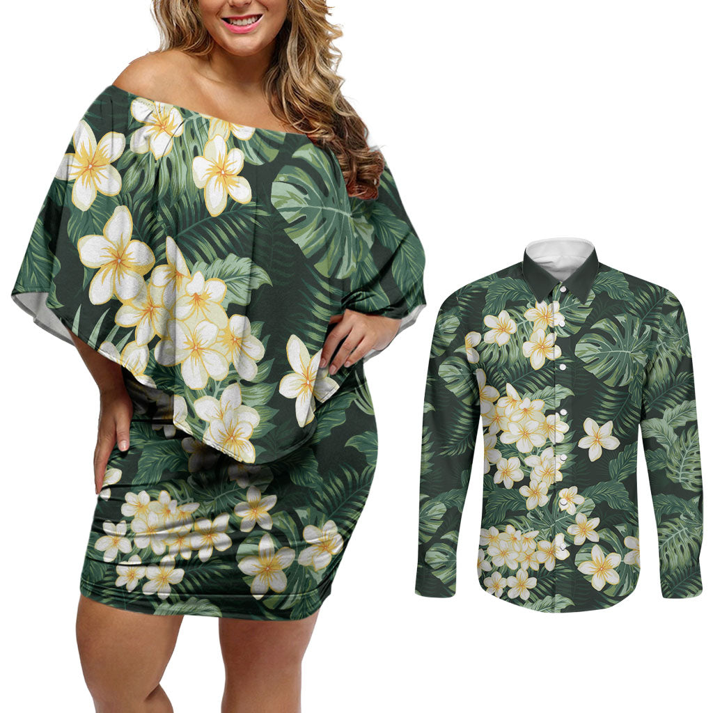 Hawaii Plumeria Tropical Leaves Couples Matching Off Shoulder Short Dress and Long Sleeve Button Shirt Monstera Calathea Palm Fronds