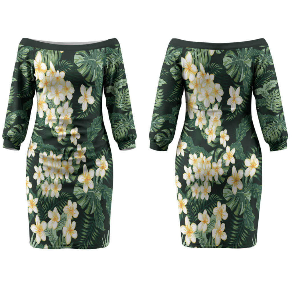 Hawaii Plumeria Tropical Leaves Couples Matching Off The Shoulder Long Sleeve Dress and Hawaiian Shirt Monstera Calathea Palm Fronds