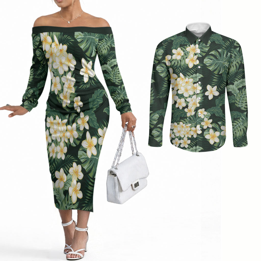 Hawaii Plumeria Tropical Leaves Couples Matching Off The Shoulder Long Sleeve Dress and Long Sleeve Button Shirt Monstera Calathea Palm Fronds