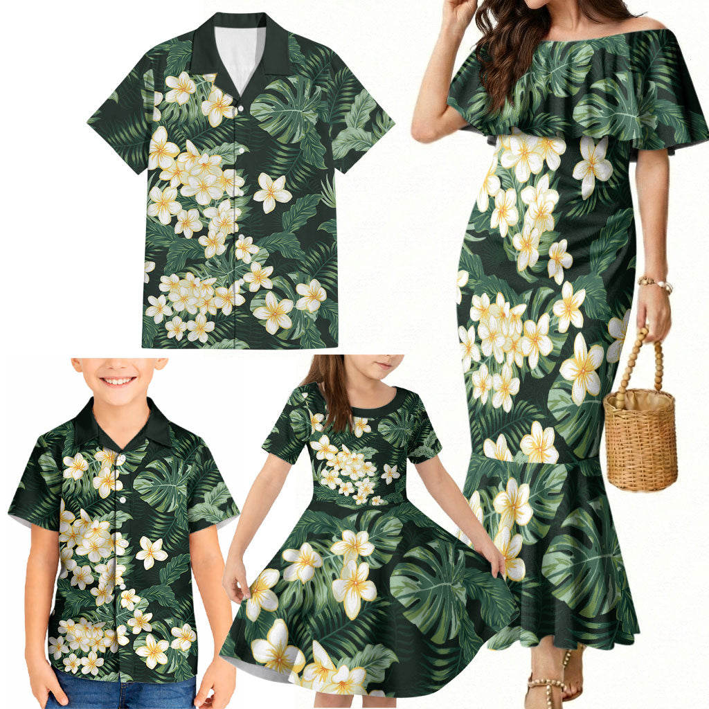 Hawaii Plumeria Tropical Leaves Family Matching Mermaid Dress and Hawaiian Shirt Monstera Calathea Palm Fronds