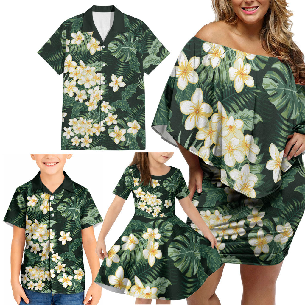 Hawaii Plumeria Tropical Leaves Family Matching Off Shoulder Short Dress and Hawaiian Shirt Monstera Calathea Palm Fronds